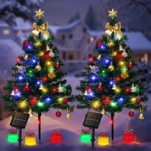 2 Pack Solar Mini Christmas Tree Decorations Lights, 30 Inch 8 Flashing Modes Waterproof Xmas Decor, 60 LED Lights with Ornaments 6 Lighted Gift Boxes for Porch Pathway Yard Garden (Multicolor)