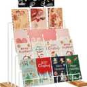 Greeting Card Display Stand, 4-Tier Greeting Card Organizer for Cards, Postcard, Photos, Brochure, Sticker, Trading Cards, Metal & Wooden Retail Display Rack for Vendors Counter Retail (White)