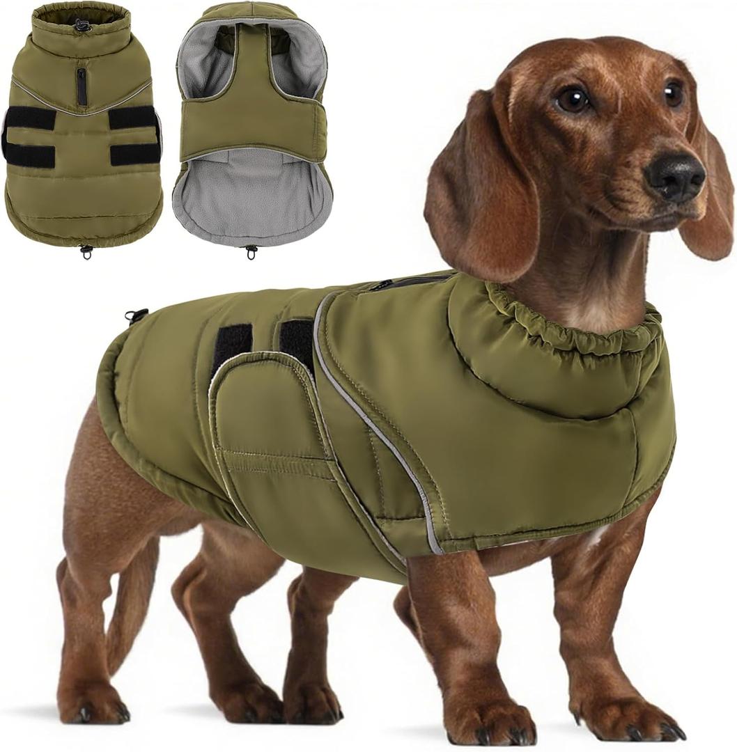Peferhouse Dog Warm Winter Coat - Dog Cold Weather Reflective Jacket with Harness Hole Thick Vest (Army Green, M)