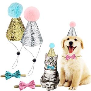 4 Pcs Cat Birthday Hat Bowtie Small Dog Hat Headband Topper Bowtie Adjustable Cute Puppy Birthday Costume Accessories for Small Medium Pets (2/Pink+Light Blue)