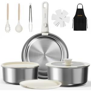 14 pcs Stainless Steel Cookware Set, Detachable Pots and Pans Set with Removable Handle, Non Toxic Space Saving RV Camping Cookware Set, Induction Cookware, Dishwasher & Oven Safe
