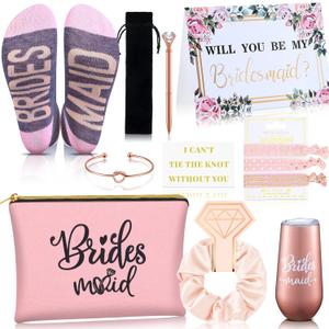 Yexiya 13 Pcs Bridesmaid Proposal Gifts Set Will You Be My Bridesmaid Gift 6 oz Stainless Steel Wine Tumbler Socks Scrunchie Pen for Engagement Wedding Bachelorette Party Supply(Elegant)