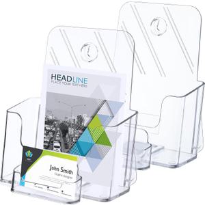 Remerry 2 Set 6.5 Inch Acrylic Brochure Holder with Business Card Pocket, Wide Bifold Clear Brochure Display Stand Flyer Holder for Pamphlet Literature Magazine Booklet, Desk or Wall Mount Display