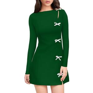 XXTAXN Women's Fall Long Sleeves Boat Neck Elegant Bow Y2k A Line Mini Dress (Green, Small)