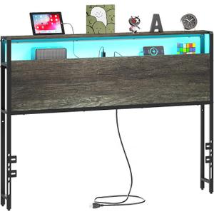 Merronix Full Sized Headboard with 2 Tiers Storage Shelves, Sturdy and Stable Headboard with Charging Station, USB Ports and LED Light for Full Bed Frame, Black Oak