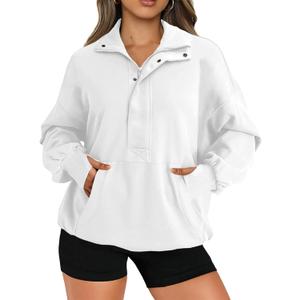Sweatshirt for Women Long Sleeve Button Henley Neck Pullover Tops 3/4 Zip Up Stand Collar Fall Fashion Outfits (Medium, White)