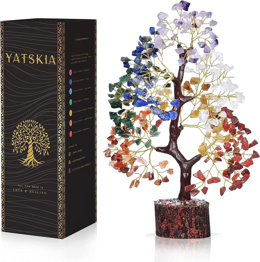 YATSKIA 7 Chakra Tree of Life, Crystals and Healing Stones, Birthday Gifts for Women - Crystal Tree for Positive Energy, Home Office Decor, Spiritual Gifts for Women (10-12 Inch, Seven Chakra Golden Wire)