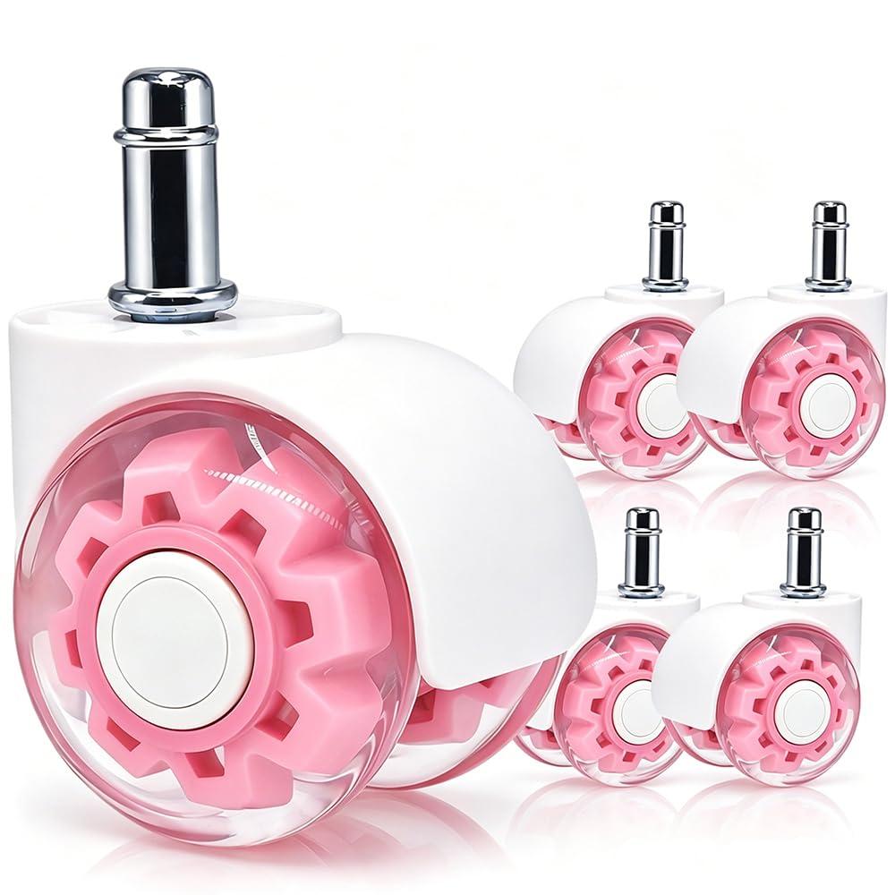 Pink Office Chair Wheels, 2 Inch Heavy-Duty Rubber Wheels for Office Chair, Computer Gaming Desk Chair Wheels-Set of 5, Smooth Rolling for Hardwood Carpet Tile Floors, 11 * 22mm Universal fit