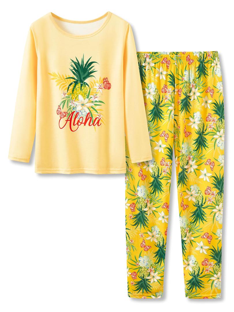 Beezizac Girls Yellow Pineapple Pajamas 2-Piece Long Sleeve & Pants PJ Set Cute Winter Jammies Size 12