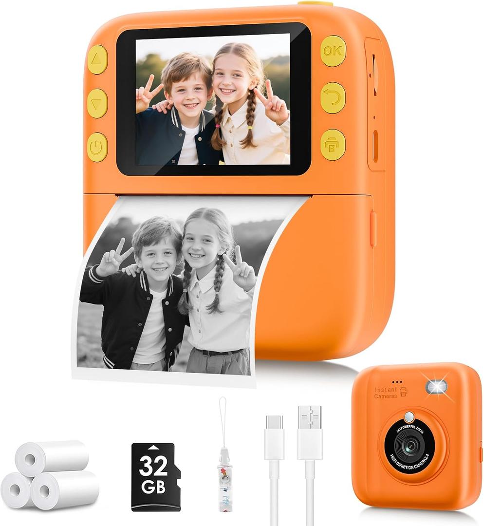 Instant Print Camera for Kids, Christmas Birthday Gifts for Girls Boys, 1080P Instant Digital Print Cameras for Toddler,Portable Toy for 4 5 6 7 8 9 10 Year Old Girl with 32GB SD CardOrange