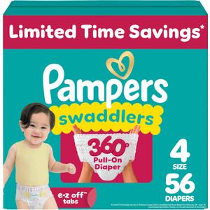 Pampers Diapers - Swaddlers 360 - Size 4, 56 Count, up to 100% Leakproof Comfy Dry Fit, Designed for Easy Changes, Pull On Baby Diaper 
