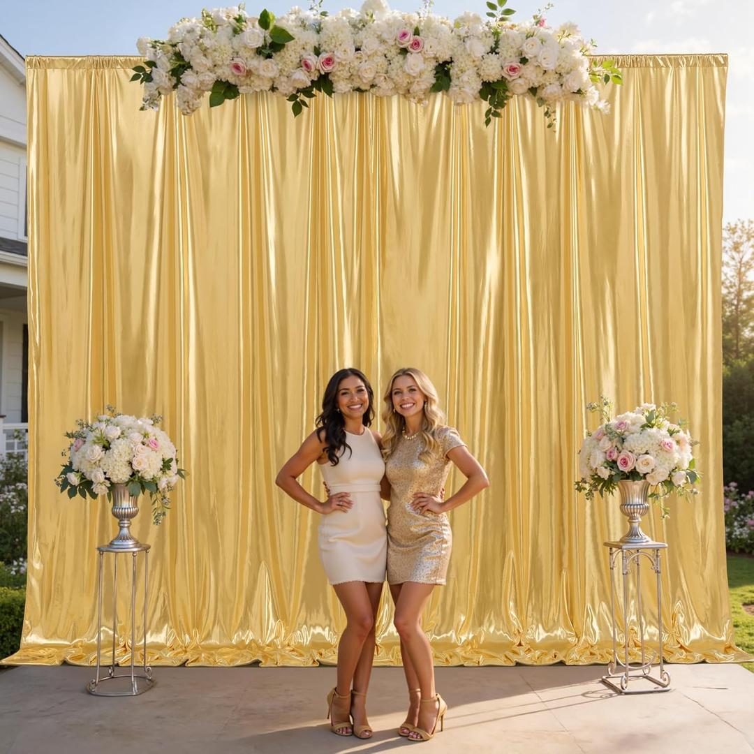 Gold Shimmer Backdrop Curtains 10x10FT,Non Shedding Sequin Metallic Glitter Drapes,Shiny Smooth Sparkle Silky Photography Background for Parties Weddings Birthday Decorations,2 Panels 5x10FT Each