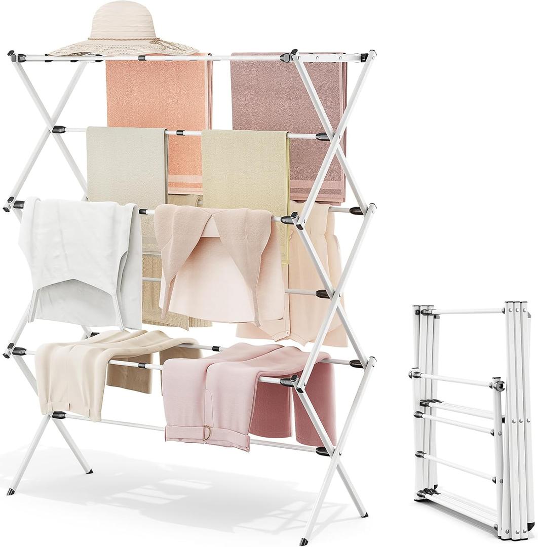 APEXCHASER Clothes Drying Rack with 4 Wings, Stainless Steel Drying Rack Clothing with Height-Adjustable, Foldable Gullwings Laundry Drying Rack, Indoor Outdoor Use, No Assembly, Regular Blue (Large, White)