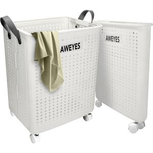 50L (13 gallon) Collapsible Laundry Basket with Wheels, Foldable Storage Container/Organizer, Space Saving Dirty Clothes Laundry Bin with Handle - White
