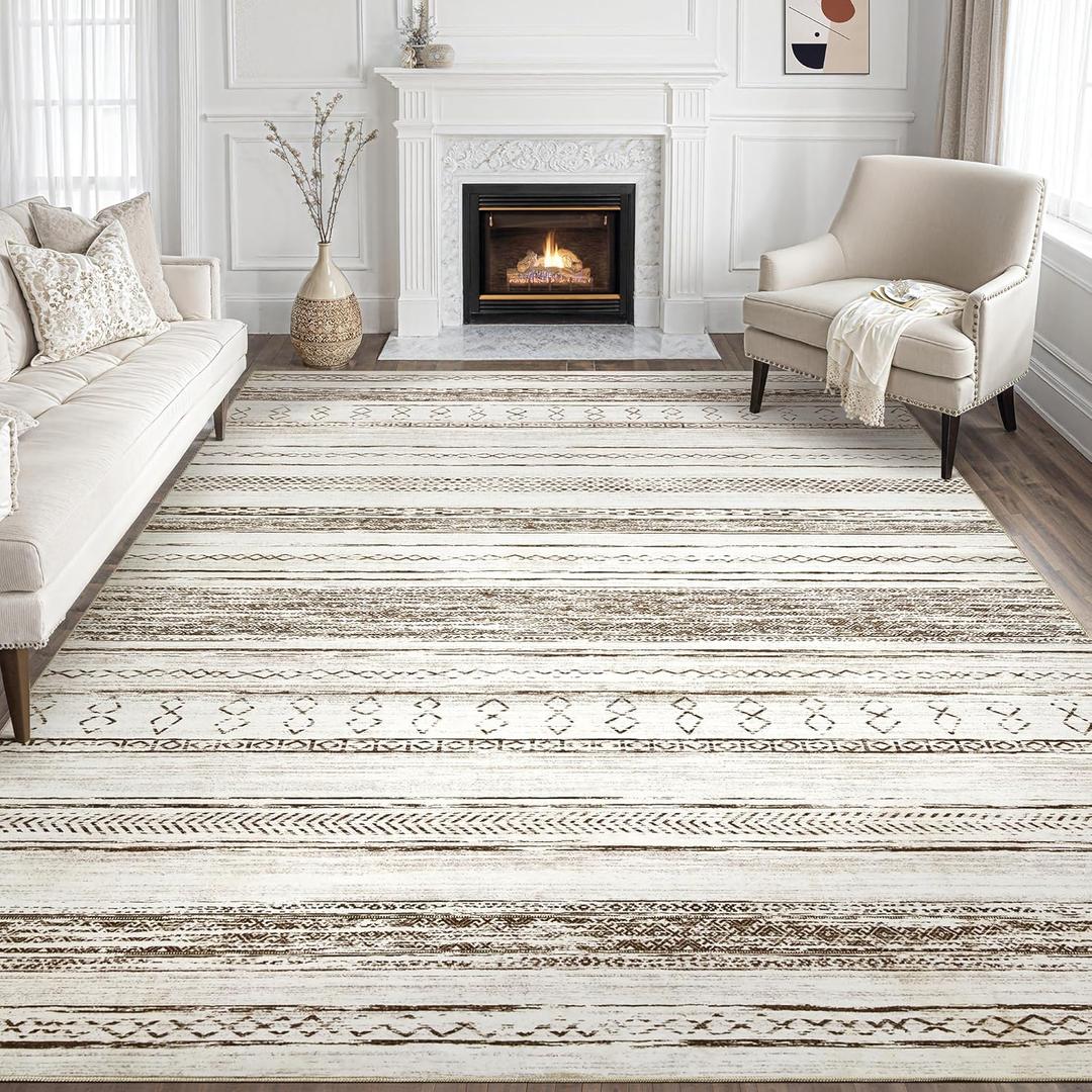 Tortania Area Rug Living Room Rugs - 8x10 Washable Large Soft Neutral Boho Moroccan Bohemian Farmhouse Rug Indoor Floor Carpet for Bedroom Under Dining Table Home Office Decor - Cream Brown