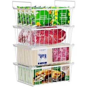 iSPECLE Freezer Organizer Bins - 4 Pack Stackable Chest Freezer Organizer for 5 Cu Ft Deep Freezer Sort Frozen Food, Deep Freezer Organizer Bins Easy to Get Food from Bottom without Digging, White
