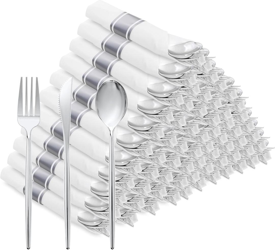SUT 100 Pack Pre Rolled Silverware Set Disposable, 400 Pcs Silver plastic utensils Include 100 Forks, 100 Knives, 100 Spoons, 100 Napkins, Plastic Cutlery, Wrapped Silverware Set Disposable for Party