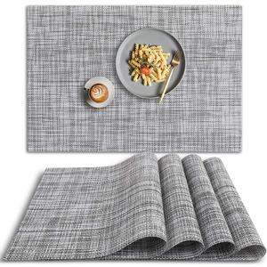 homEdge PVC Placemat, 4 PCS of Non-Slip Heat Resistant Place Mats, Washable Vinyl Placemats, Set of 4  Gray