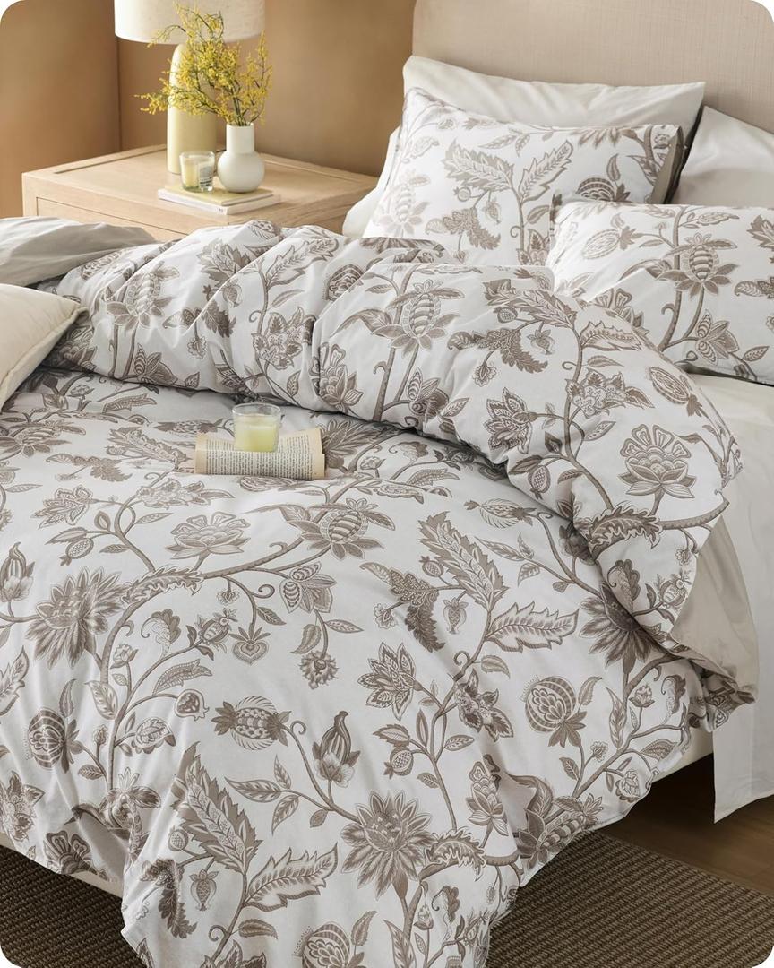 Bedsure Floral Duvet Cover King Size - 100% Cotton Reversible Entwined Vines Pattern Duvet Cover Set, 3 Pieces Soft & Breathable PureWoven Bedding Set with 2 Pillow Shams (Linen Vines, 104"x90")