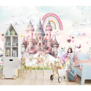XMPMBM-Pink Cartoon Citadel Princess Nursery Room backsplash Large Decorative Wallpaper Watercolor Girls Bedroom Wall Mural- W 132" X H 92" M (132"x92", X 38)