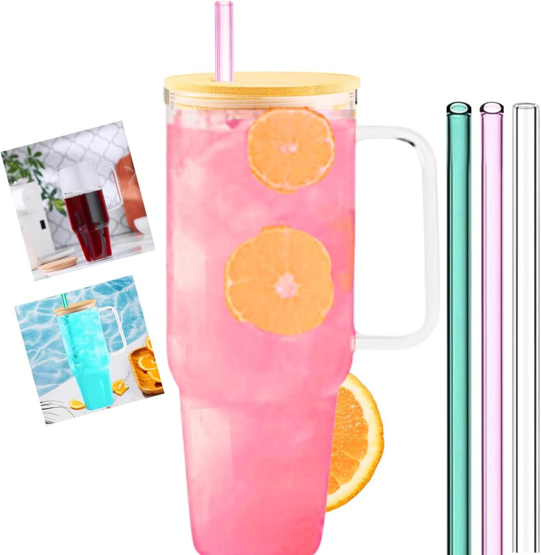 40oz Glass Tumbler, 3 Glass Straws, Natural Lid, Slender Handle, Elevate Your Style, Coffee Cup, Water Bottle, To Go, Reusable, All Natural, No Plastic