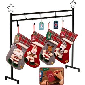 3.5Ft Christmas Stocking Holder, Freestanding Stocking Holder Stand- Included 4 Xmas Socks, 8 Hooks & 6 Holiday Cards, 25 LBS Max Load Capacity Metal Holiday Decor Hanger Display for Home, Living Room