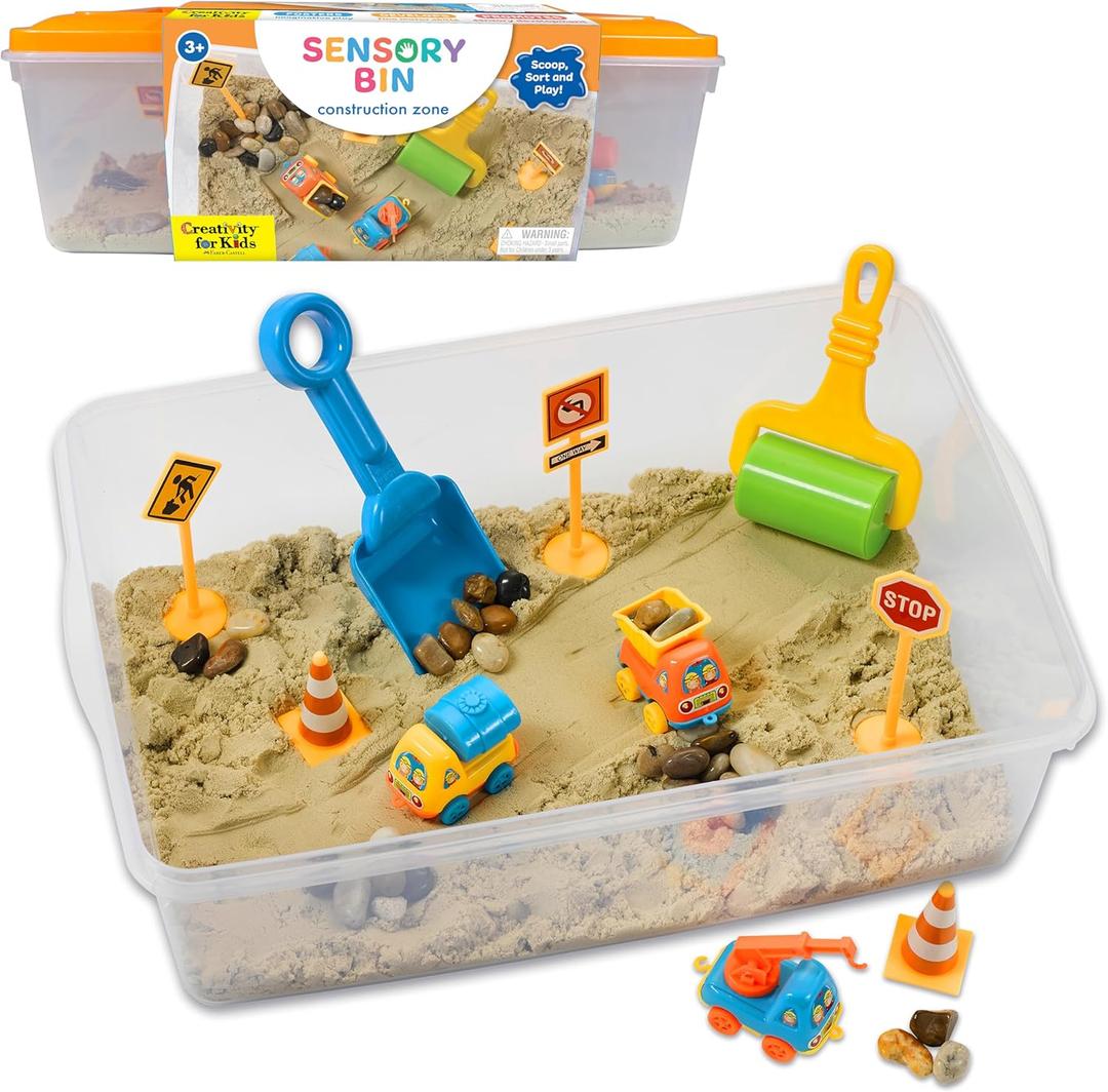 Creativity for Kids Sensory Bin: Construction Zone Playset - Preschool Learning Activities, Excavator Toys for Boys Ages 3-5+, Outdoor Toys and Gifts for Kids