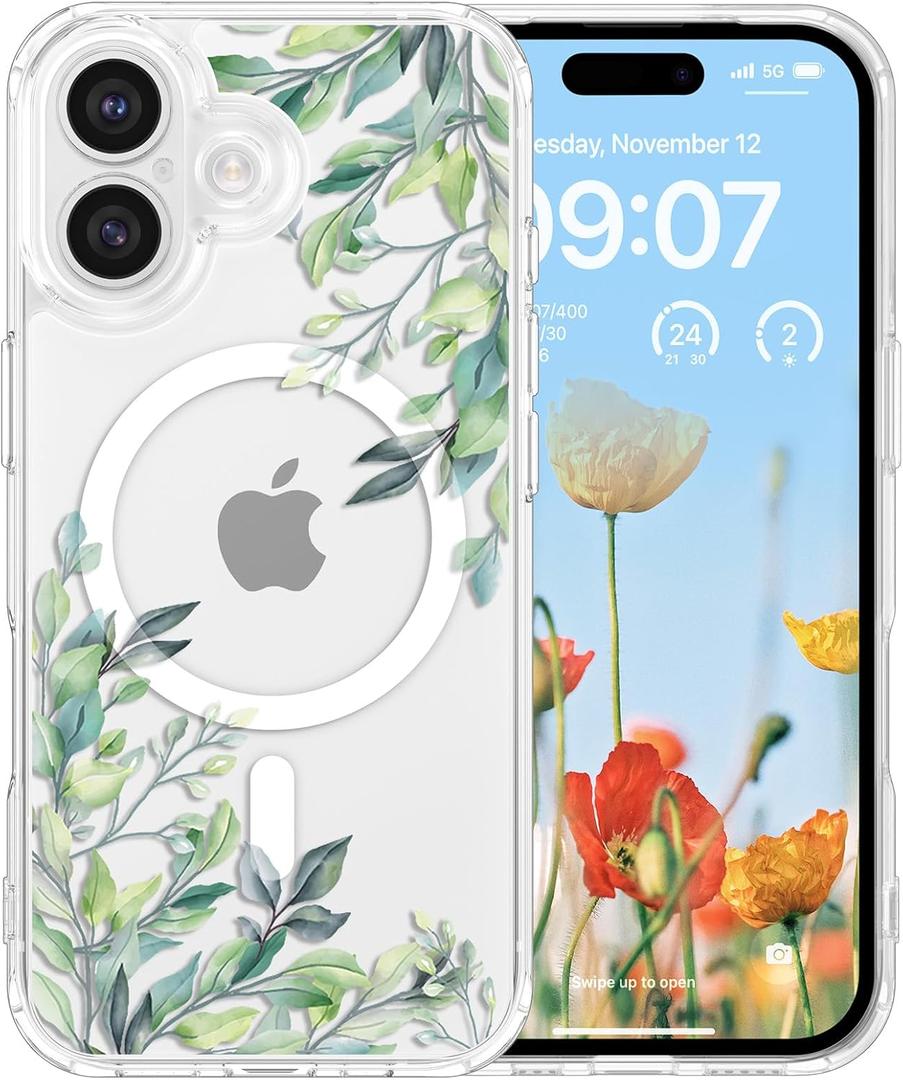 RALEAVO for iPhone 17 Case Compatible with MagSafe Clear Floral Cover with Green Leaves Pattern for Girls Women Slim Cute Hard Back Shockproof Phone Case for iPhone 17,Transparent