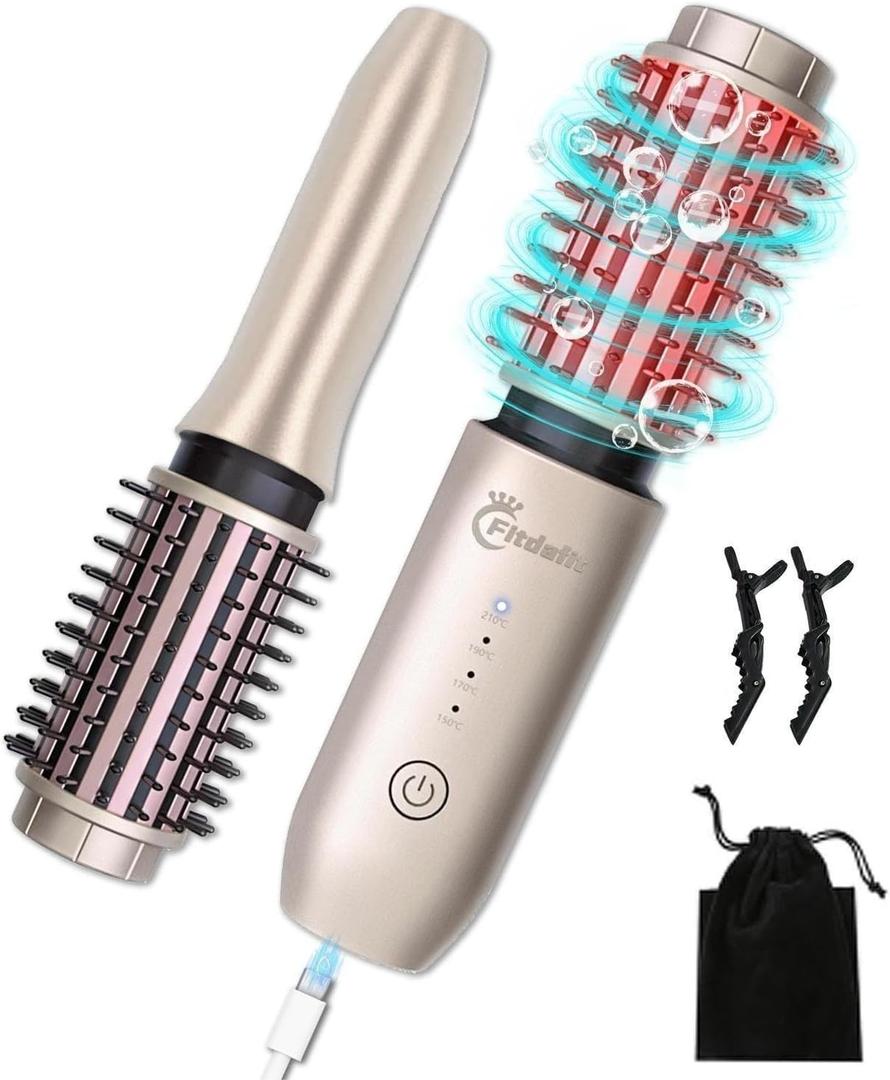 Cordless Hair Curling Iron Brush, 1.5" Mini Cordless Hair Curler, 3-in-1 Travel Curling Brush Hair Straightener Comb Rechargeable, 7000mAh Portable Ionic Heated Curling, Gold