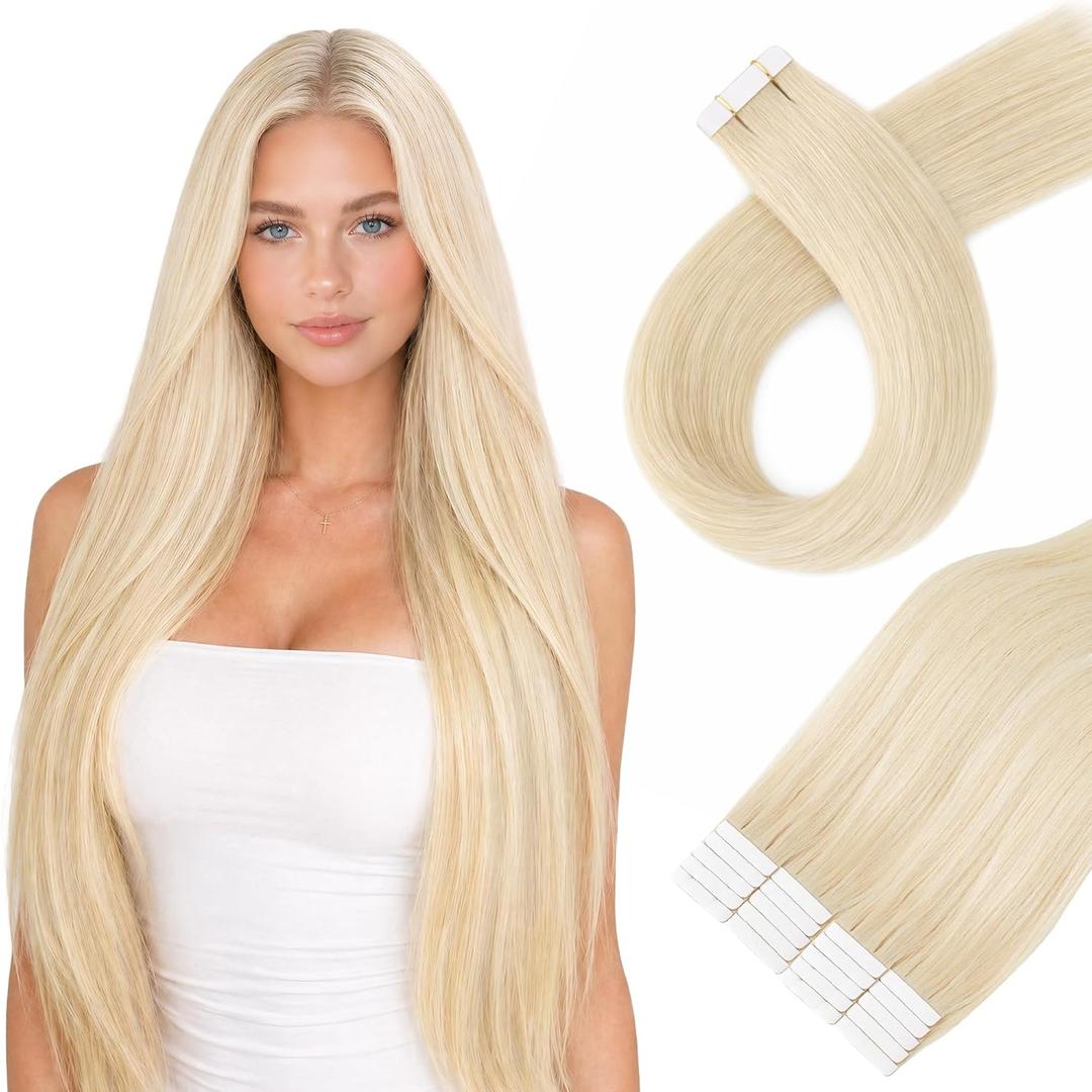 Platinum Blonde Tape in Hair Extensions Human Hair,#60 18Inch 20pcs 50g,Invisible Human Hair Extensions Tape for Hair Extensions Tape Ins Seamless Skin Weft Remy Hair for Women