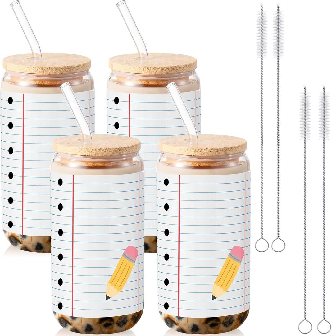 Baderke 4 Set Back to School Gifts Cups for Teacher 16 oz Drinking Tumbler Glass with Lids and Straws First Day of School Coffee Cups Bulk Thank You Gifts for Women (Notebook Line and Pencil)