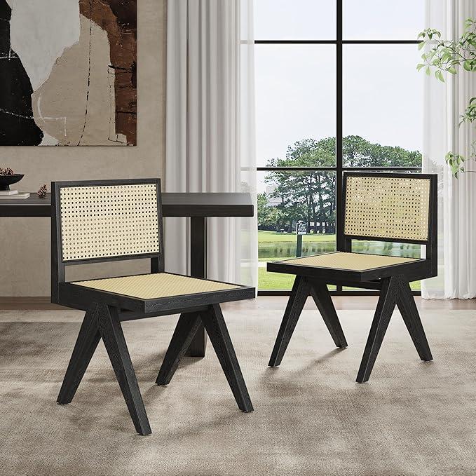 Christopher Knight Home Loftia Dining Chairs Set of 2, Rubberwood Dining Chair, Breathable Rattan Backrest and Seat, Wooden Armless Chair for Dining Room Living Room Cafeteria, 300lbs 20.25" Black