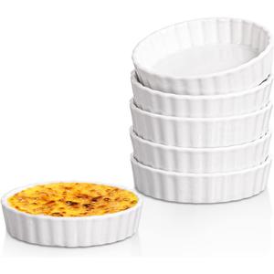 Delling Creme Brulee Ramekins - 6 Piece Set, 8 oz Round Fluted Quiche Dishes, Oven Safe, White