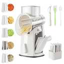 The CoveCarol rotary cheese grater comes with 5 blades and 3 tools: a round mandolin slicer and a food shredder. Suitable for fruits, vegetables, nuts, etc., it includes a blade storage box. (White)