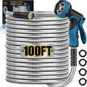 Metal Garden Hose 100FT, Stainless Steel Water Hose with 10 Function Nozzle, Solid Brass Fittings, Lightweight, Kink-Free & Dog Chew Proof for Lawn, Yard, RV, Car Wash, 550PSI
