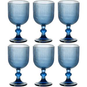 Blue Glasses Drinking Water Goblets set of 6 Vintage Glassware 13oz Colored Wine Glasses for Wedding Party Bar Vertical Line Embossed Pattern Stemmed Cups 