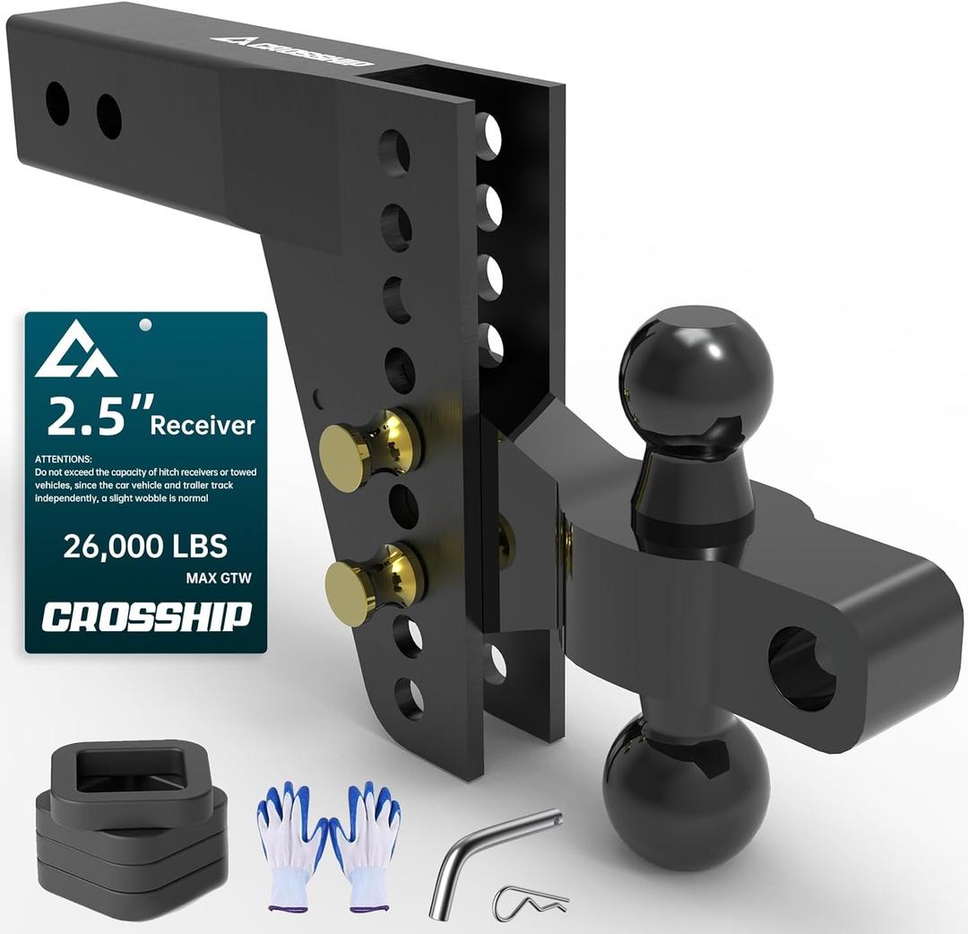 Adjustable Drawbar Trailer Hitch - Fits 2.5'' Receiver, 6'' Drop/Rise Ball Mount, Solid Dual Ball (2" x 2-5/16") Tow Hitch 26,000 LBS GTW, Heavy Duty Truck with Pin for Class III & IV