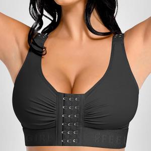 FeelinGirl Women Front Closure Post Surgery Compression Everyday Bras for Mastectomy Support with Adjustable Straps Wirefree Black L