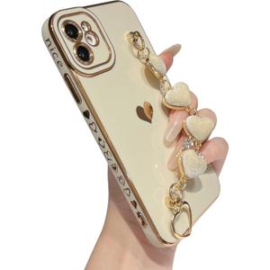 Caseative for iPhone 11 Case,Cute Plating Love Heart Wrist Strap Chain Bracelet Phone Case (White)