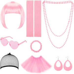 2 x Colorful Short Bob Wigs Set with Party Neon Wig Tutu Skirt Leg Sleeve 80s Accessories for Bachelorette Party Costume