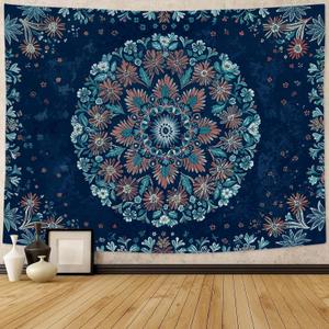 Fowocu Boho Floral Mandala Tapestry Wall Hanging Blue Bohemian Flower Medallion Tapestry Aesthetic Vintage Navy Hippie Indian Small Tapestries for Bedroom Living Room Dorm Decor 48 x 36 Inch