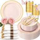 WDF Partyware 350PCS Pink Disposable Plates - Pink Plastic Plates 50Guests Plastic Dinnerware Sets with Rolled Napkins for Wedding/Birthday/Baby shower/Mother's Day