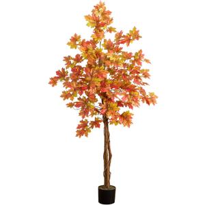 Nearly Natural 5-FT Deluxe Autumn Artificial Maple Tree, Faux Fall Dcor for Home, Decorations for Fall, Autumn, Thanksgiving, and Halloween with Black Nursery Pot