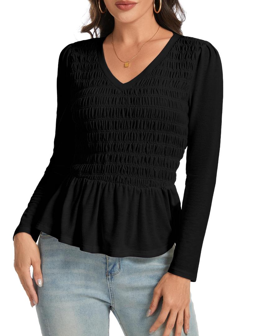 Shirts for Women V Neck Pullover Women’s Long Sleeve Blouses Ruffle Fitted Elastic Work Tops Lightweight Dress Shirts for Casual Black 2XL (Black, XXL)