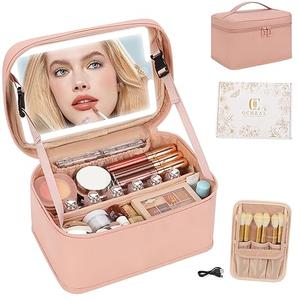 Makeup Bag With LED Mirror, Lightweight Travel Makeup Bag With 3 Color Setting Light Up Mirror Cosmetic Makeup Organizer Vanity Case for Women Beauty Tools Accessories Rechargeable Train Case-Pink