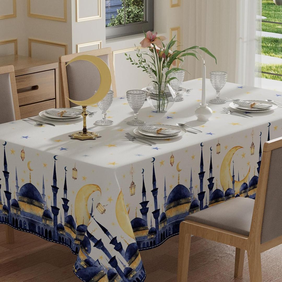 XCHI Watercolor Castle Moons Stars Ramadan Mubarak Tablecloth Rectangle Table Cloth Table Covers for Indoor Dining Home Party Decorations 60x84 Inch