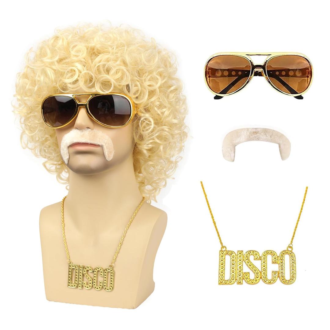 Mens 70s 80s Disco Blonde Curly Wig 5pcs Set (Wig+ Glasses+ Necklace+ Mustache+ Cap) for Rocker Halloween Costume Cosplay