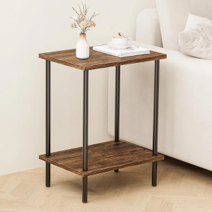 Kornculor 2-Tier End Table, Small Space Side Table, Metal Frame Night Stand, Entryway, Living Room, Bedroom, Office, Solid Stable, Easy Assembly, Classic, Rustic Brown
