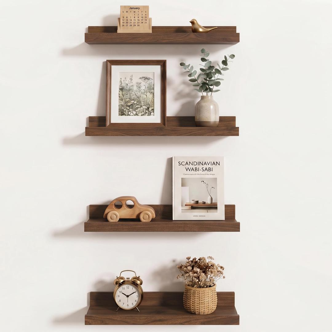 Axeman Picture Ledge Shelf, 24 Inch Walnut Floating Shelves Set of 4