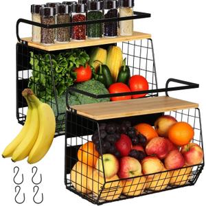 2 Set Magnetic Shelf for Refrigerator with Wood Lid, Fruit Potato & Onion Storage Bins, Pantry Organizers & Storage, Large Container Magnetic Spice Rack for Refrigerator, Kitchen Counter, Cabinet (Black)